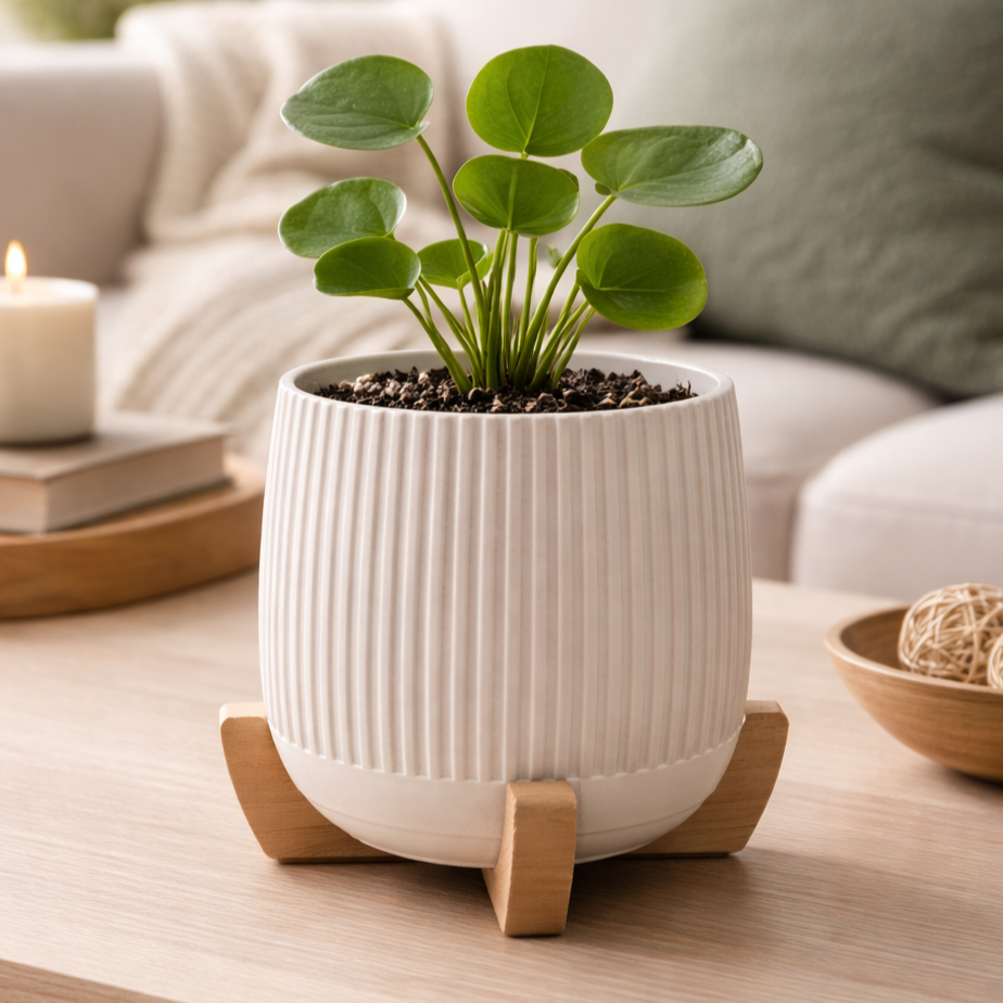 Vaso Japandi a Coste con Supporto Effetto Legno – Stampa 3D